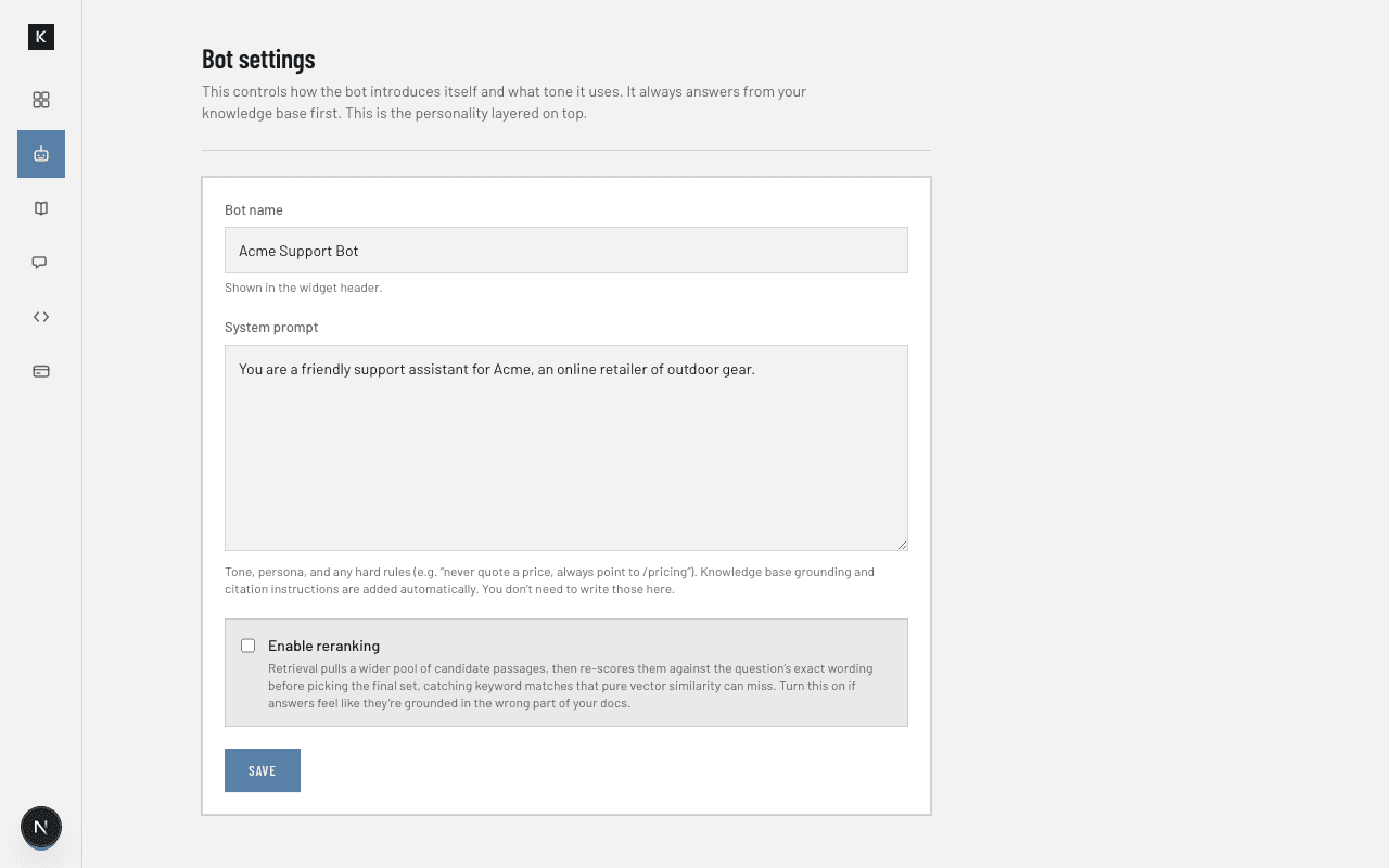 Bot settings page with bot name, system prompt, and reranking toggle