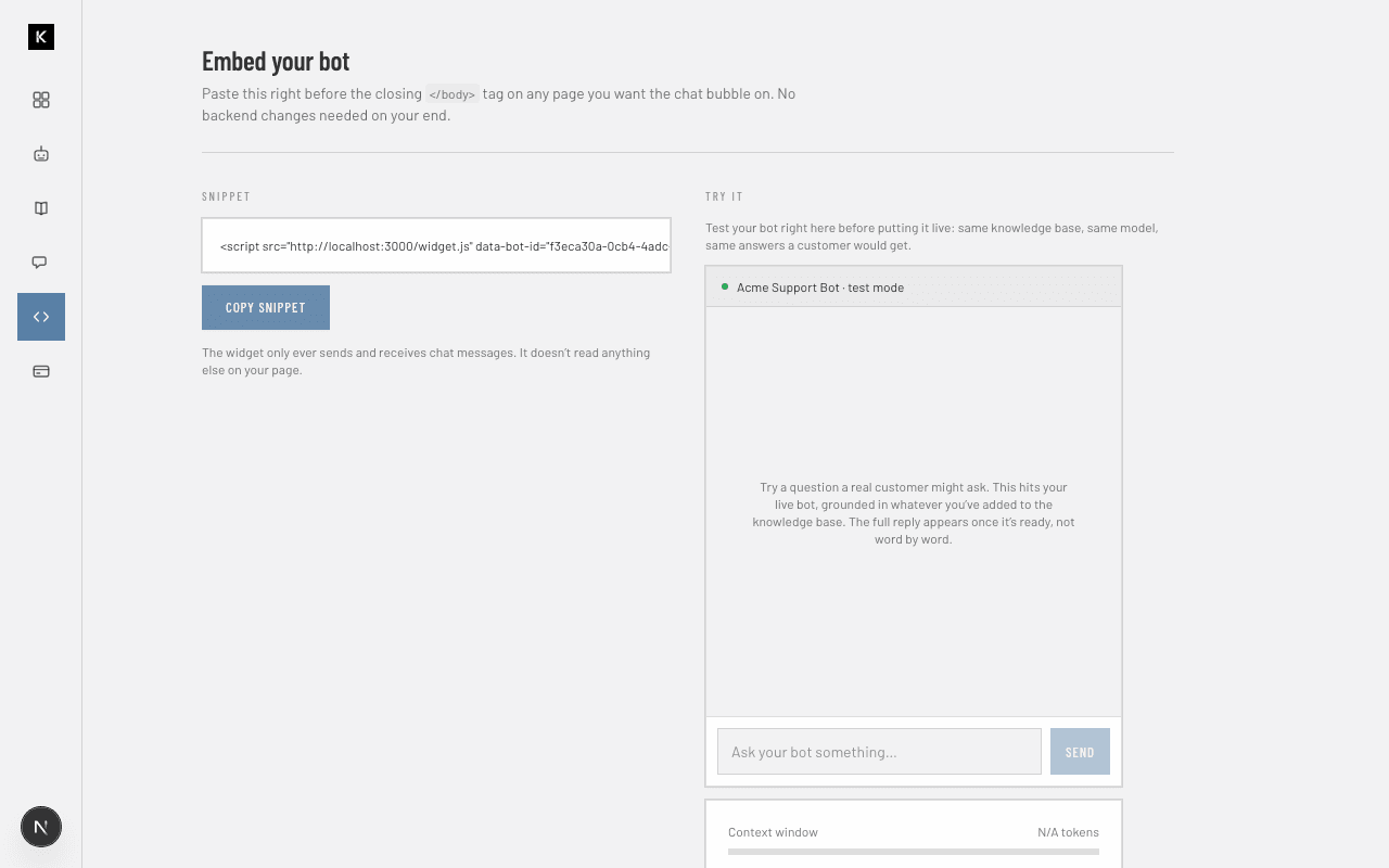 Embed page showing the script snippet and a live test chat panel
