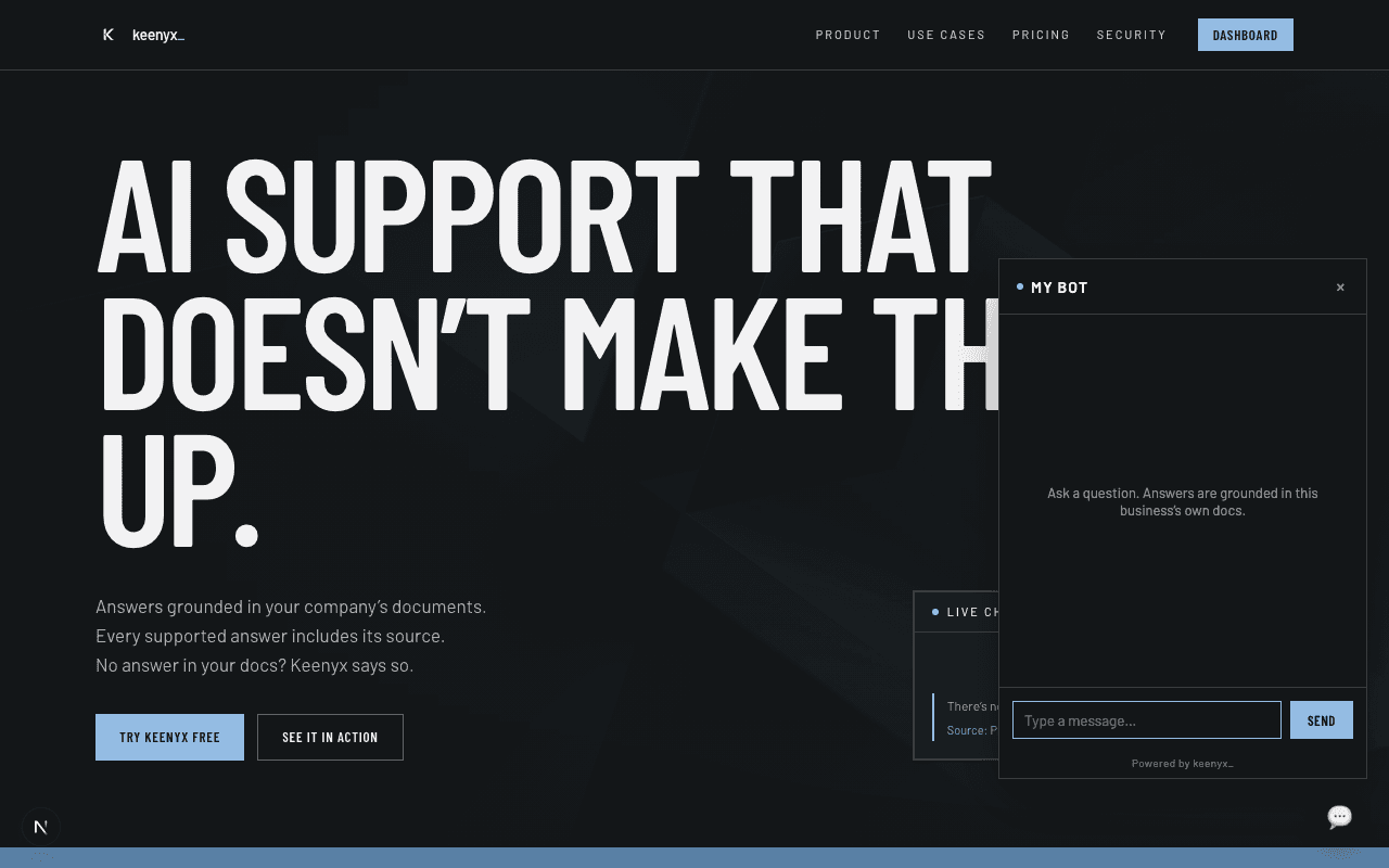 The Keenyx chat widget open on the homepage, showing an empty state ready for a question